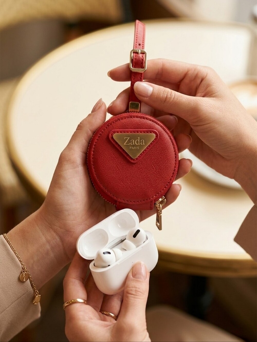 Round Red Leather Earbud Case with Gold Zipper